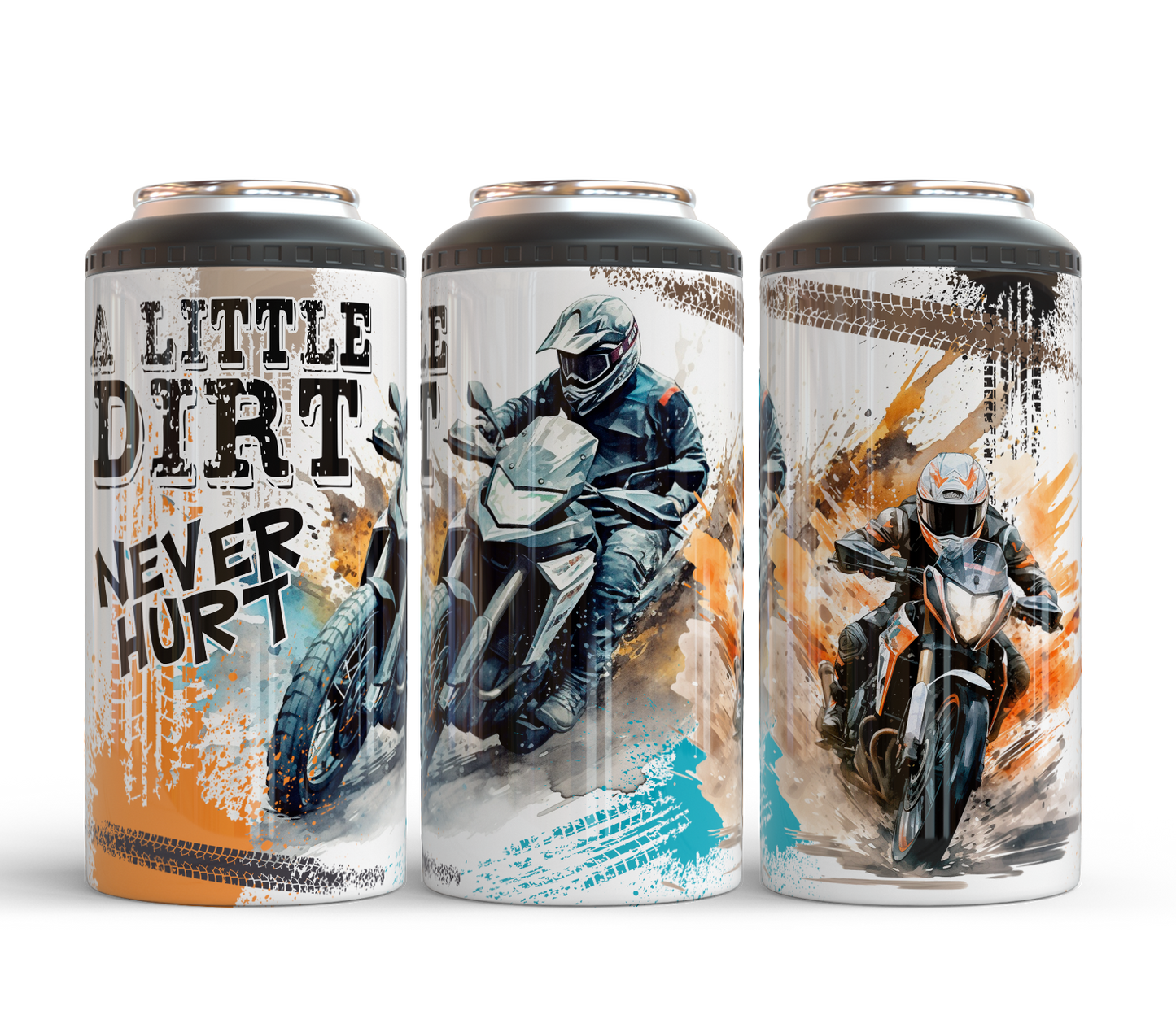 A Little Dirt Never Hurt, Dirt Bike - 15, 20 or 30oz skinny tumblers, 4 in 1 can cooler/tumbler and 4 in 1 can cooler/tumbler or 20oz blue tooth speaker tumblers