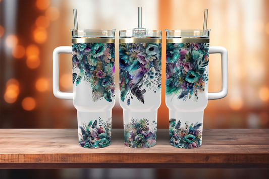Boho Florals & Feathers - 40oz tumbler with handle