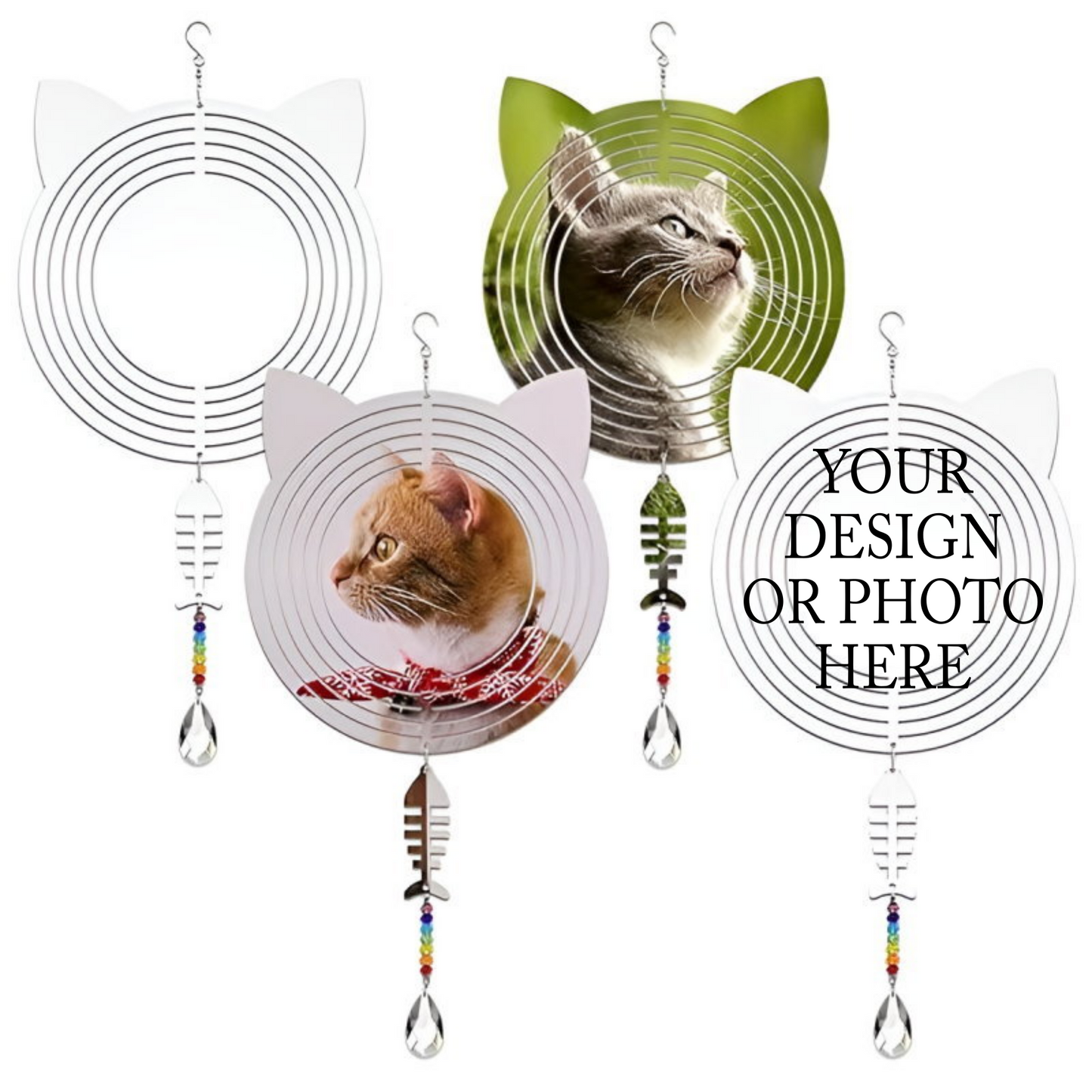 Design Your Own - Wind Spinner, Cat with Fish & Crystal