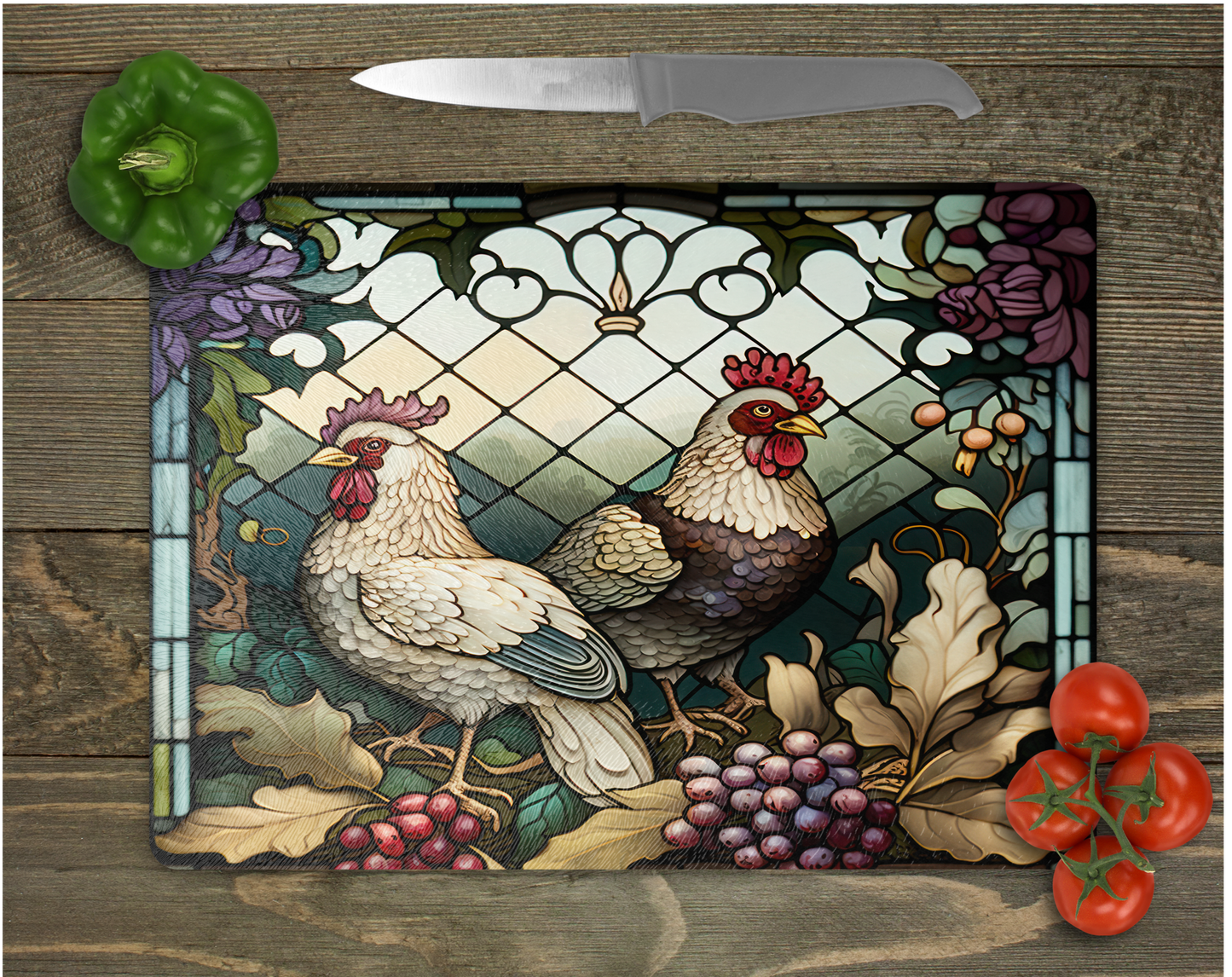 Stained Glass Look Chicken Tempered Glass Cutting Board, Trivet
