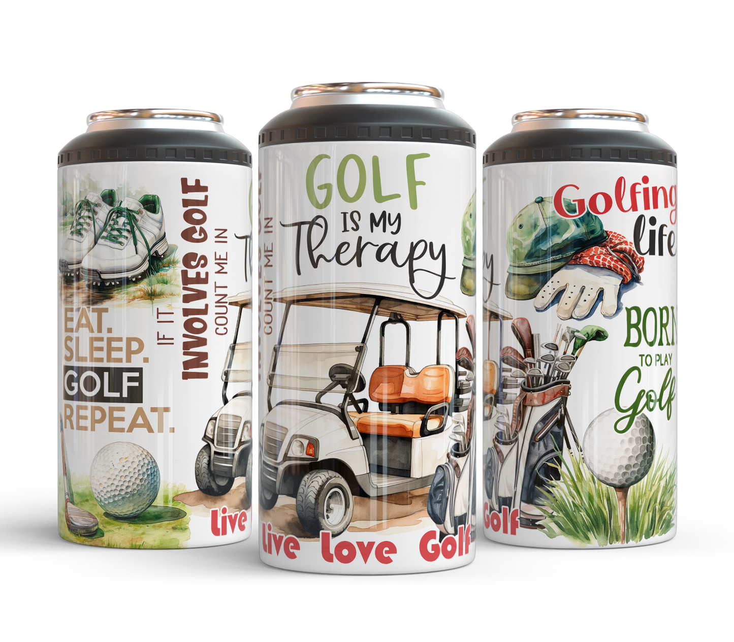 Golf Is My Therapy & Other Golfing Quotes - 15, 20 or 30oz skinny tumblers, 4 in 1 can cooler/tumbler and 4 in 1 can cooler/tumbler or 20oz blue tooth speaker tumblers