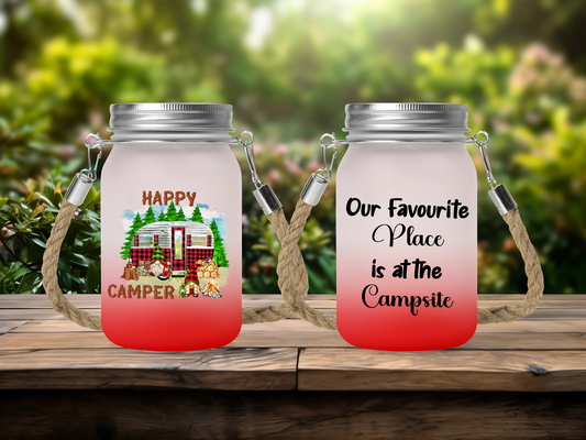 Happy Camper, Gnomes - Solar Mason Jar Light with Multicolour Fairy Lights