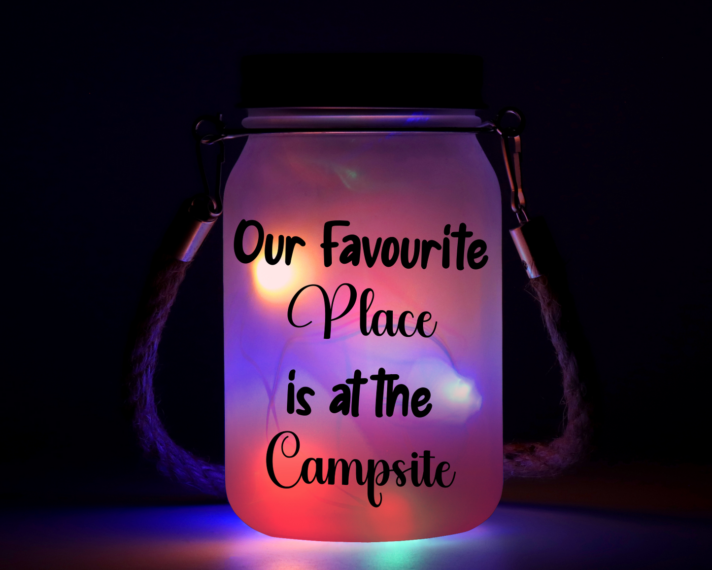 Happy Camper, Gnomes - Solar Mason Jar Light with Multicolour Fairy Lights