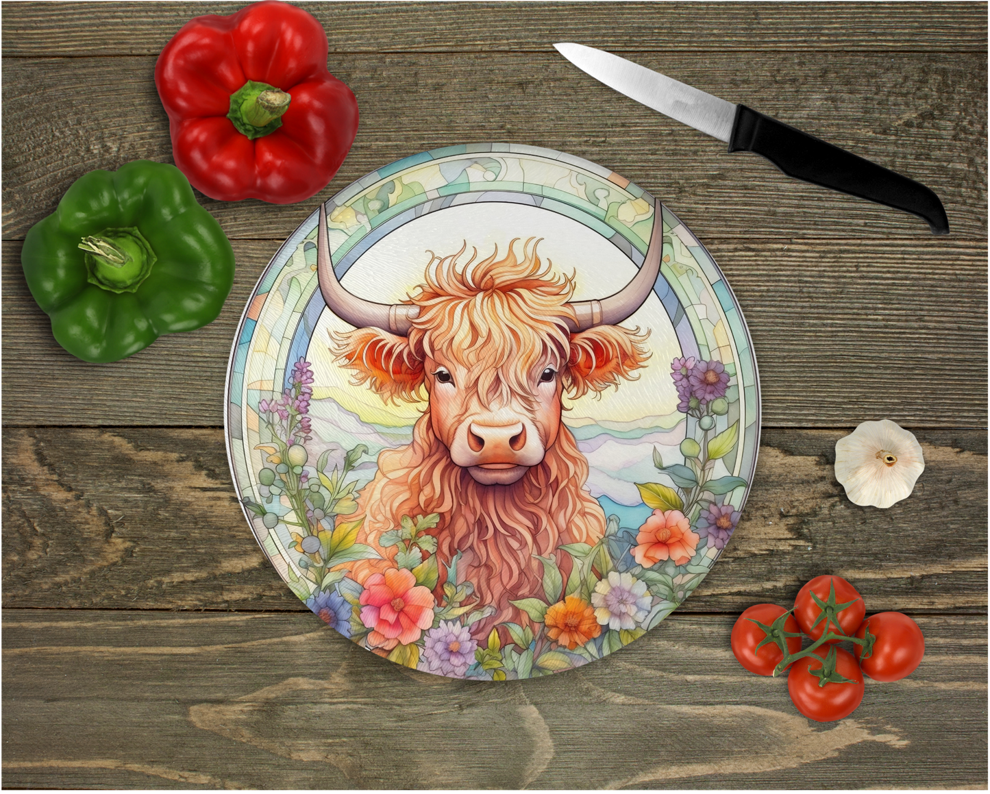 Highland Cow & Florals Tempered Glass Cutting Board, Trivet