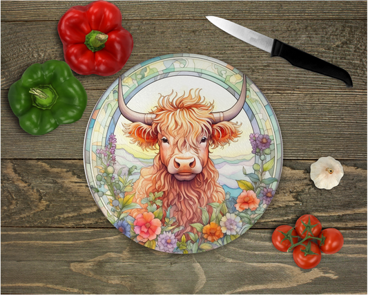 Highland Cow & Florals Tempered Glass Cutting Board, Trivet