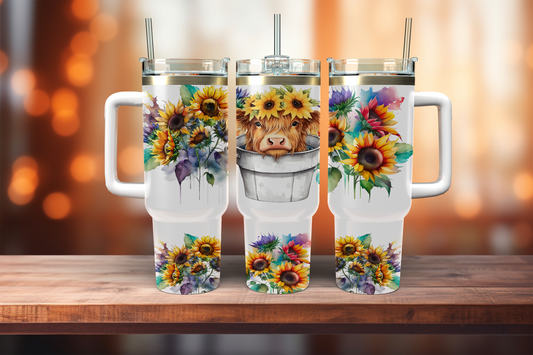 Highland Calf, Pail & Flowers - 40oz tumbler with handle