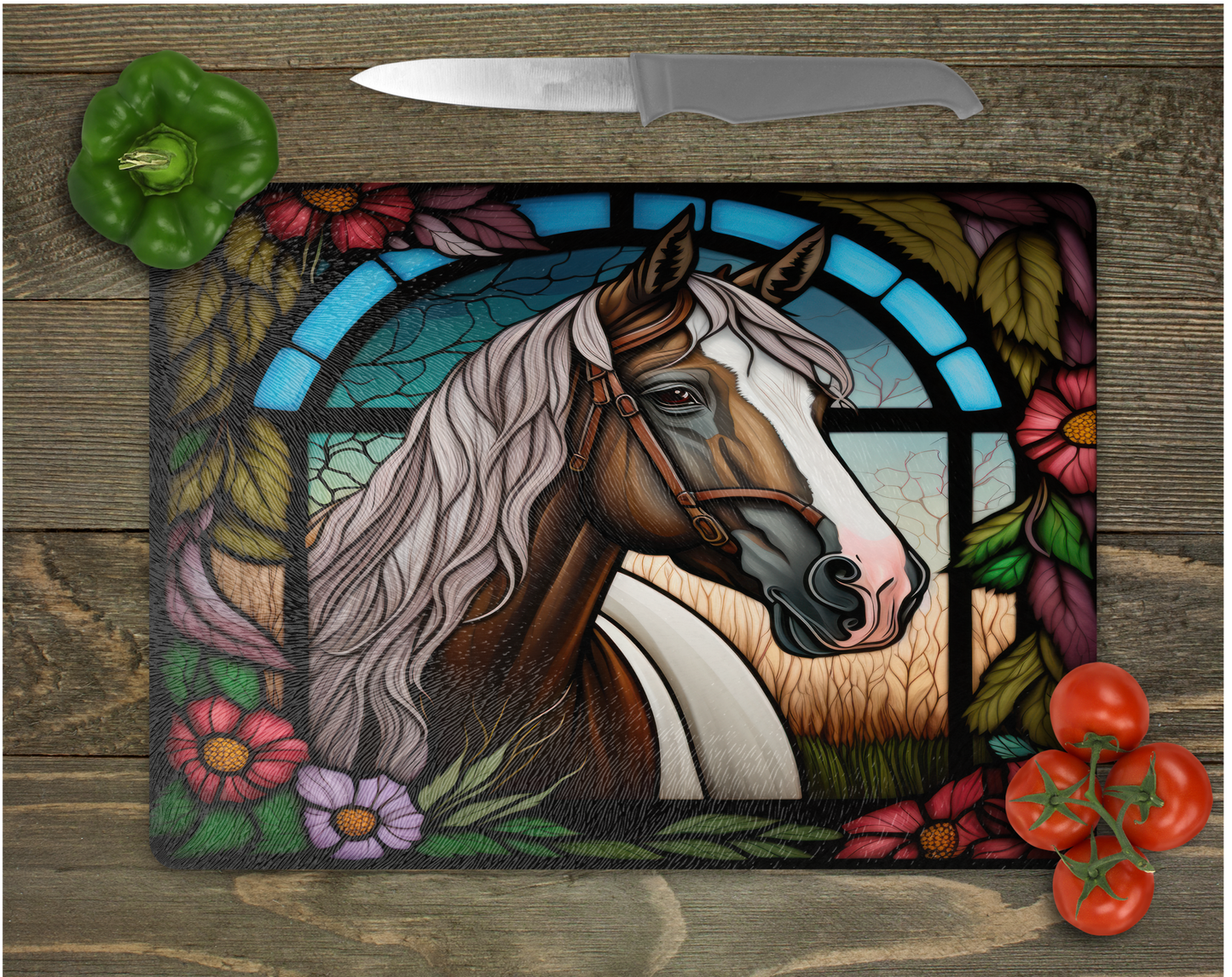 Stained Glass Look Horse Tempered Glass Cutting Board, Trivet