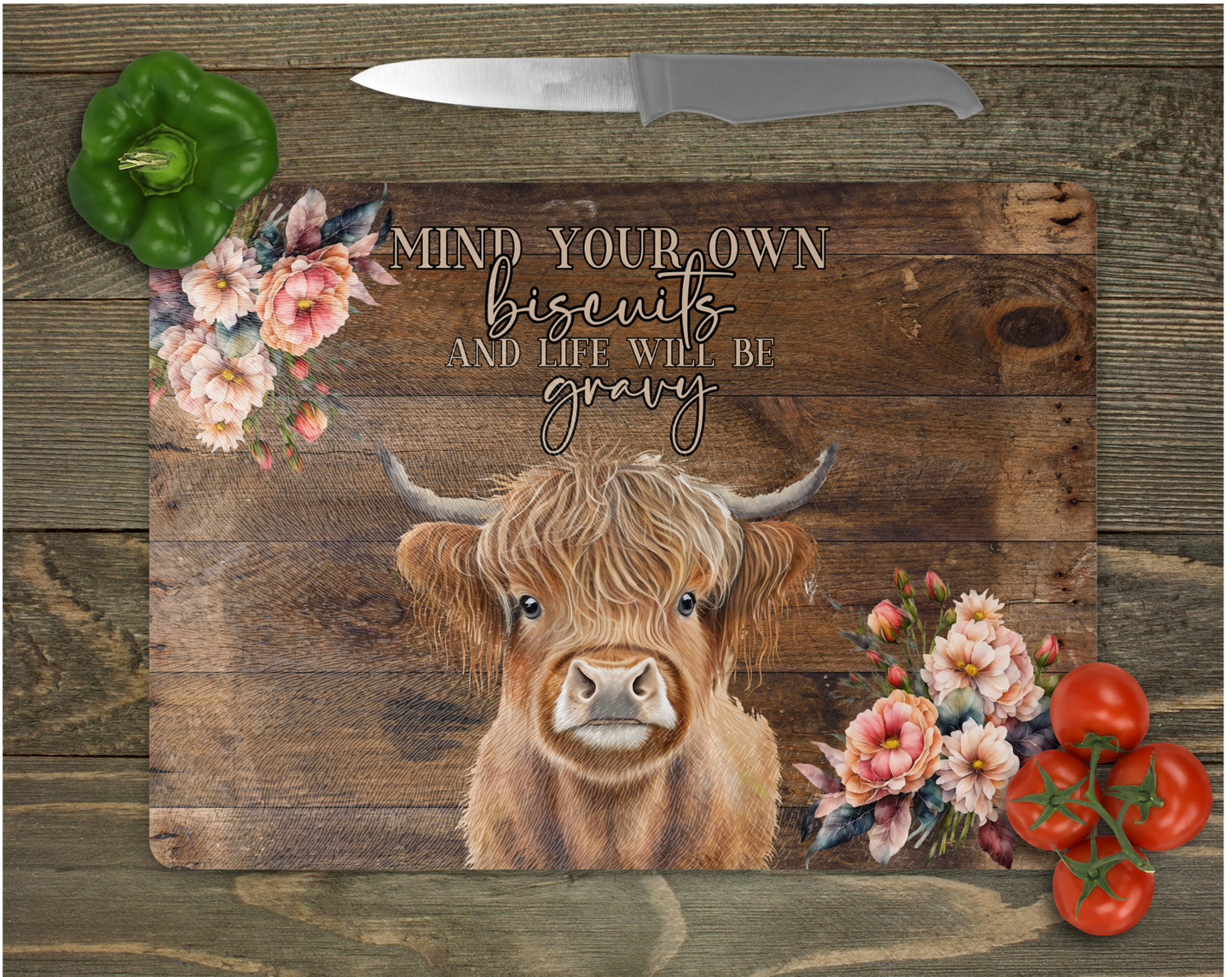 Mind Your Own Biscuits And Life Will Be Gravy, Highland Cow Tempered Glass Cutting Board, Trivet