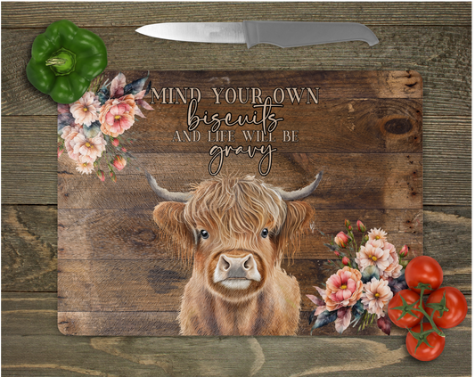 Mind Your Own Biscuits And Life Will Be Gravy, Highland Cow Tempered Glass Cutting Board, Trivet