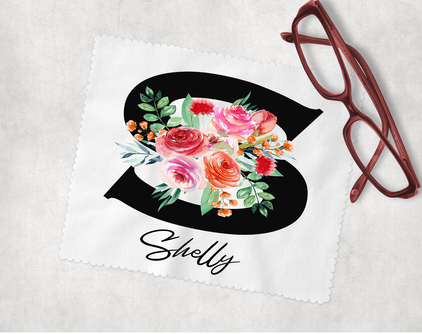 Monogram & Name, Flowers - Lens Cleaning Cloth