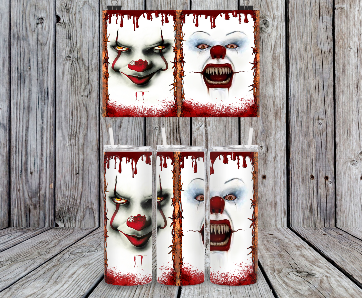 Scary Clown Faces, Pennywise Inspired - 15, 20 or 30oz skinny tumblers, 4 in 1 can cooler/tumbler and 4 in 1 can cooler/tumbler or 20oz blue tooth speaker tumblers