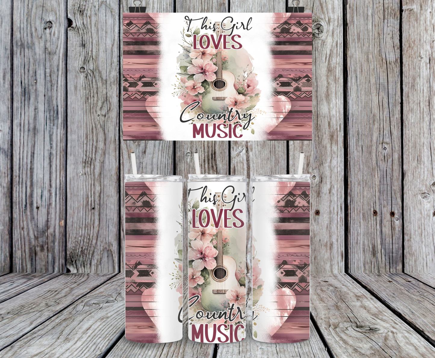 This Girl Love Country Music, Pink Florals with Guitar - 15, 20 or 30oz skinny tumblers, 4 in 1 can cooler/tumbler and 4 in 1 can cooler/tumbler or 20oz blue tooth speaker tumblers