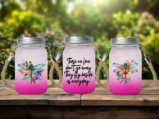 Those We Love Don't Go Away They Fly Beside Us Everyday, Memorial - Solar Mason Jar Light with Multicolour Fairy Lights