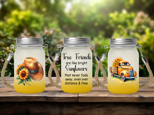 True Friends Are Bright Sunflowers Than Never Fade Away Even Over Distance & Time  - Solar Mason Jar Light with Multicolour Fairy Lights