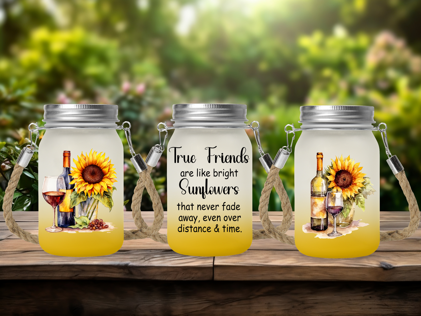 True Friends Are Bright Sunflowers Than Never Fade Away Even Over Distance & Time  - Solar Mason Jar Light with Multicolour Fairy Lights
