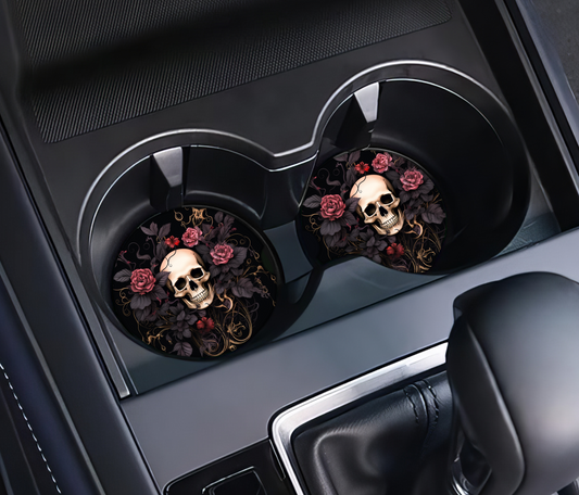 Watercolour Floral Skull - Set of 2 Vehicle, Car, SUV, Truck cup holder coasters