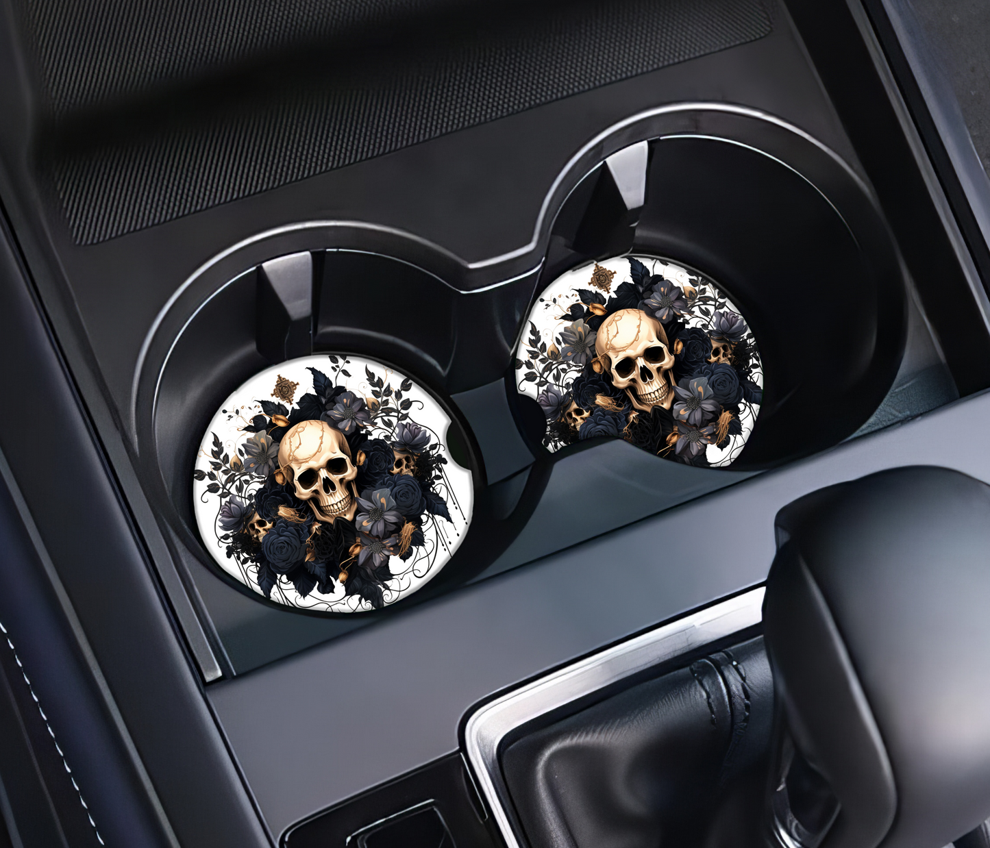 Watercolour Floral Skull - Set of 2 Vehicle, Car, SUV, Truck cup holder coasters