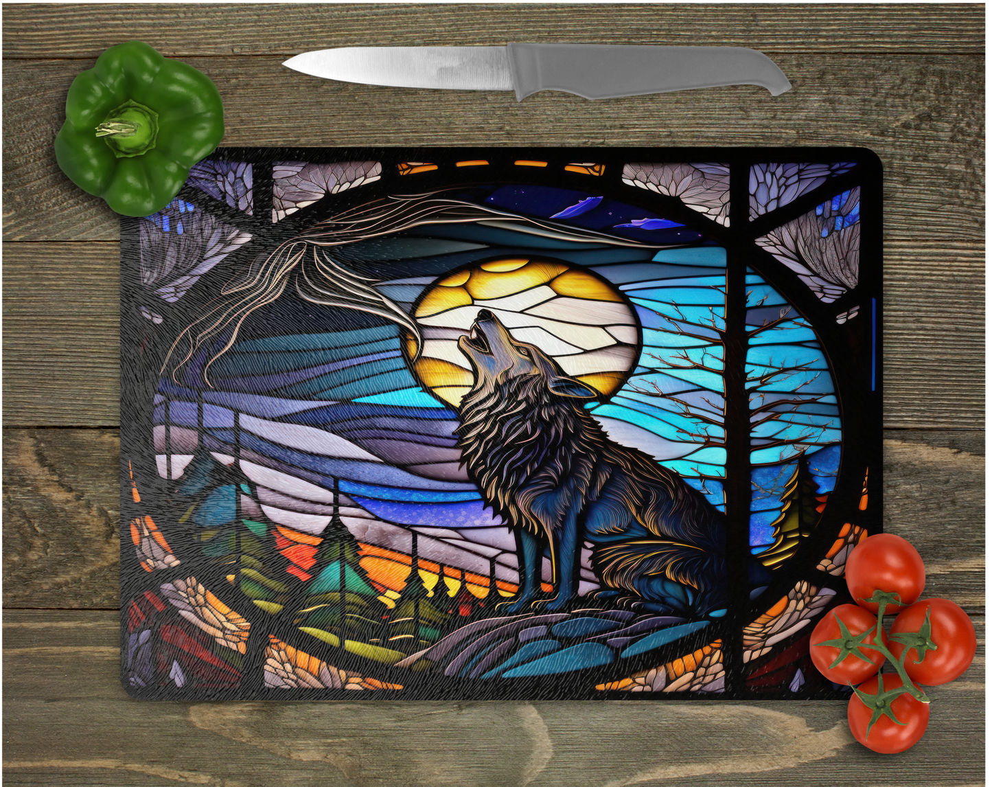 Stained Glass Look Wolf Tempered Glass Cutting Board, Trivet