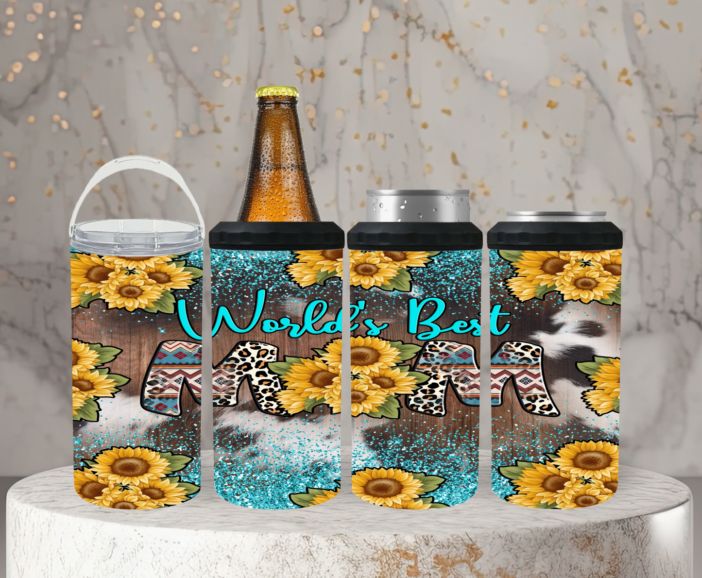 World's Best Mom, Sunflowers - 15, 20 or 30oz skinny tumblers, 4 in 1 can cooler/tumbler and 4 in 1 can cooler/tumbler or 20oz blue tooth speaker tumblers